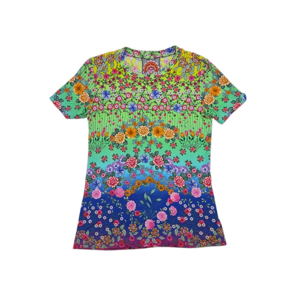 JOHNNY WAS Rainbow Field Favorite SS Crewneck Top Tee Shirt XS Bamboo Stretch